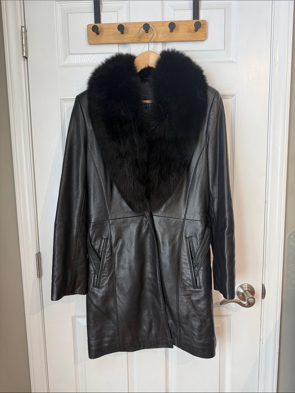 Kasper Black Leather Coat with Plush Black Fur Collar